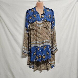 Aratta Silent Journey Women Hi-lo tunic Top Blouse Shirt Size L Floral Button Up